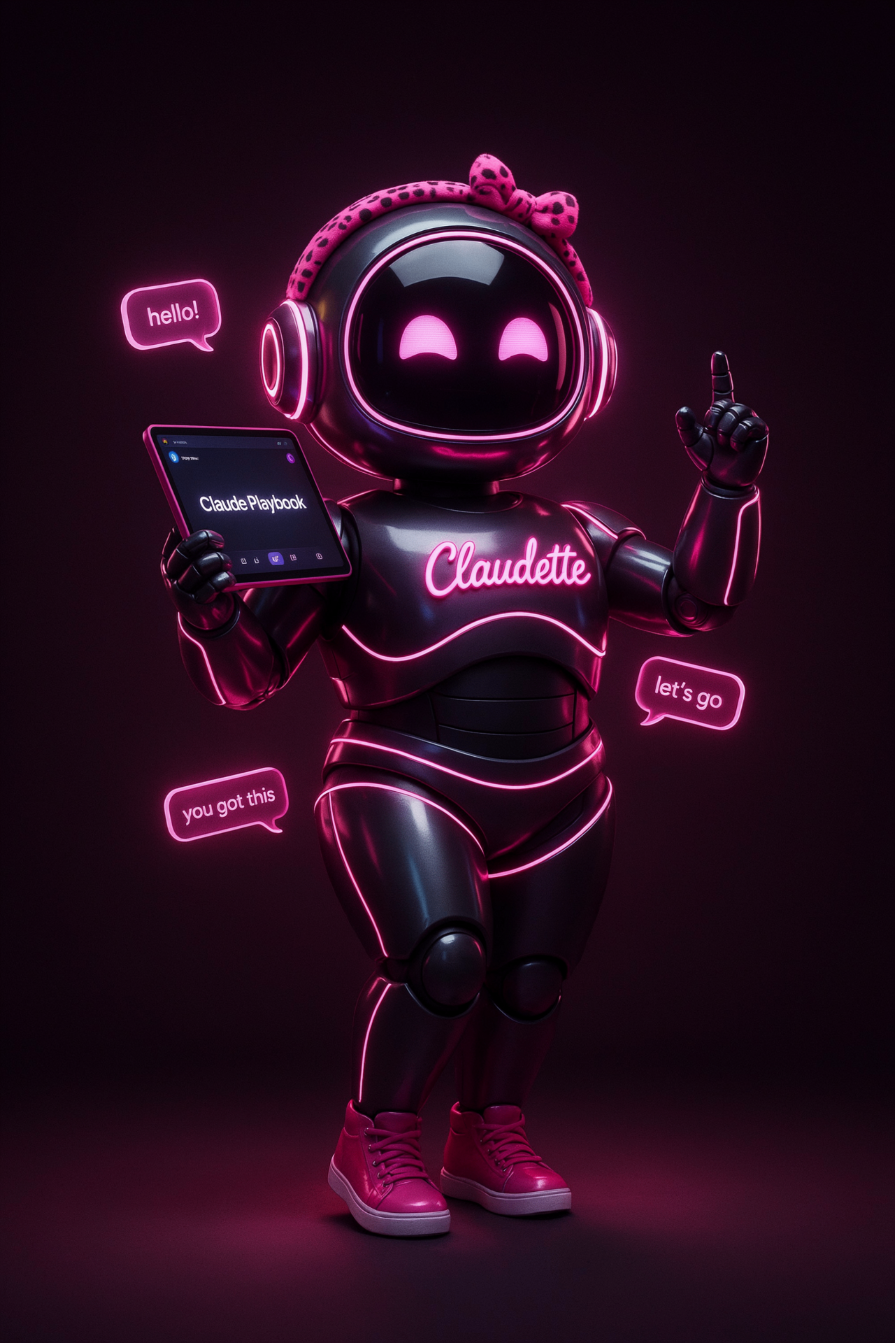 Claudette — the Claude Playbook mascot, a neon-pink robot holding a tablet